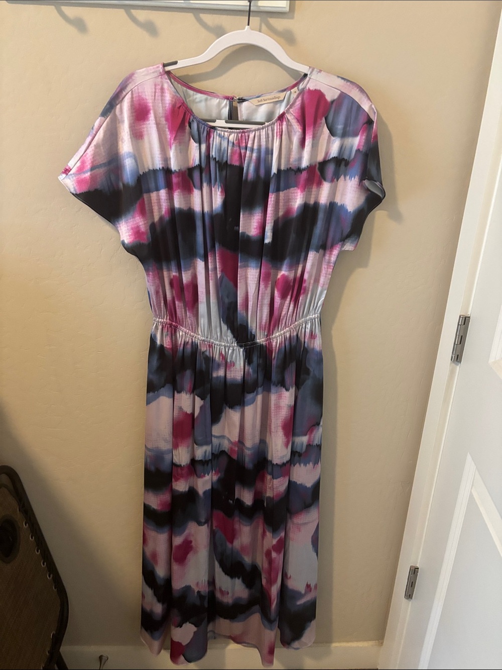 Soft Surroundings Watercolor Pink, Blue & Black Midi Dress